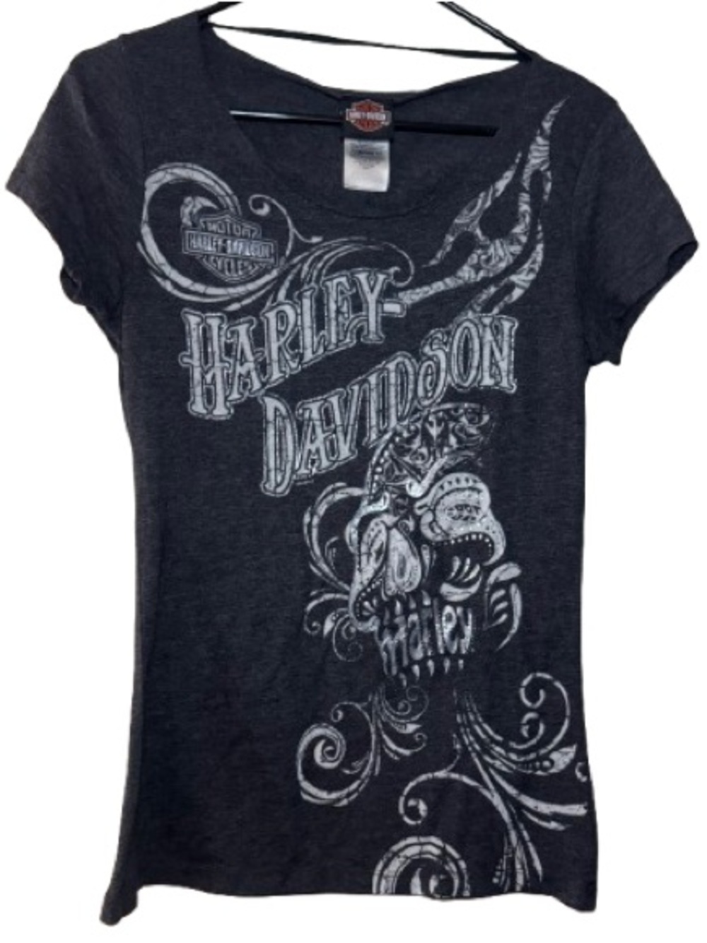 Vintage Harley-Davidson Embellished Skull Graphic T-Shirt- Cutout Back Detail - Picture 2 of 10